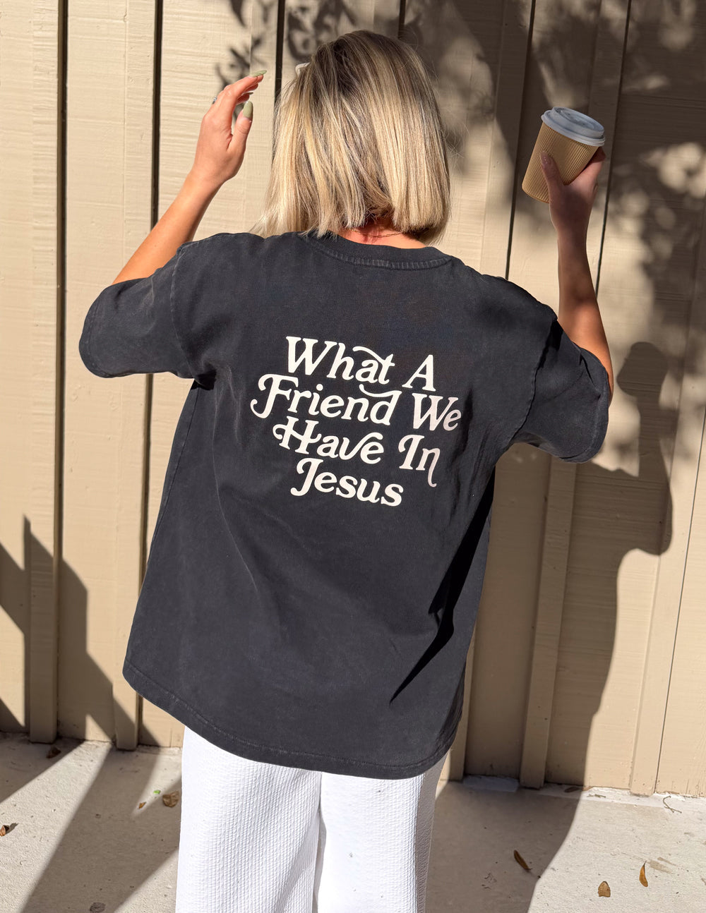 Close up of What a Friend in Jesus heavyweight cotton boxy fit t-shirt in premium fabric