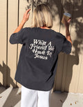 Close up of What a Friend in Jesus heavyweight cotton boxy fit t-shirt in premium fabric