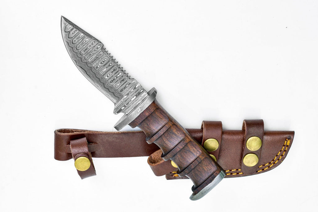 A 12.5-inch Damascus steel knife with a black burl walnut handle and steel bolster