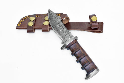 12.5 Inch Damascus Steel Fixed Blade Knife with Burl Walnut Handle