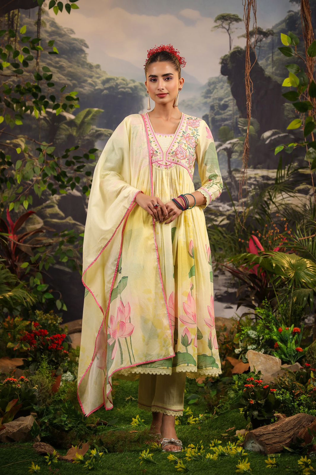 Multicolor Alia cut embroidered floral kurta set with matching pants and dupatta