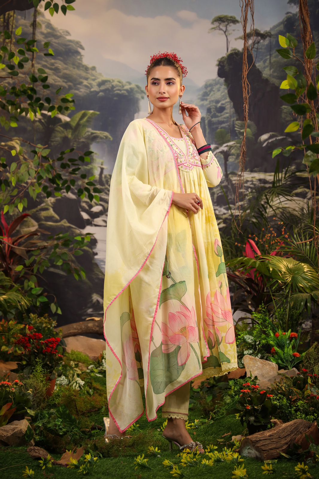 Alia Cut Embroidered Floral Kurta Set with Pant and Dupatta