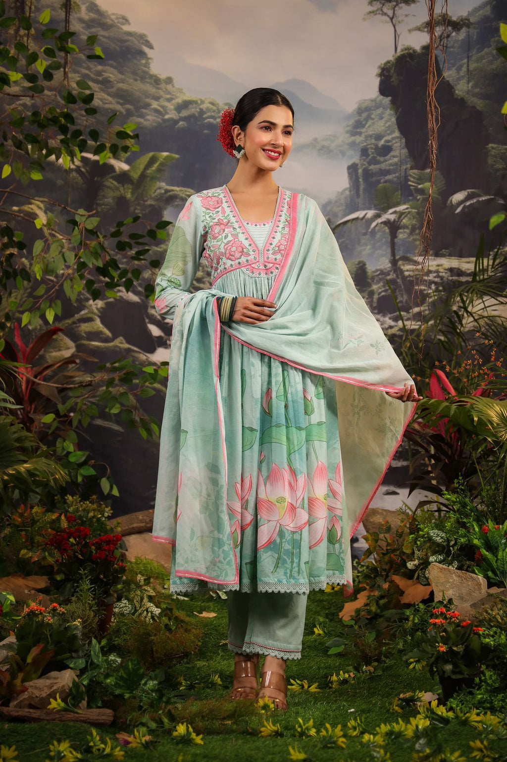 Alia Cut Floral Embroidered Kurta Set with Pant and Dupatta
