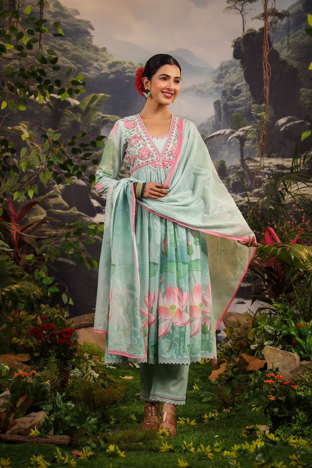Alia Cut Floral Embroidered Kurta Set with Pant and Dupatta