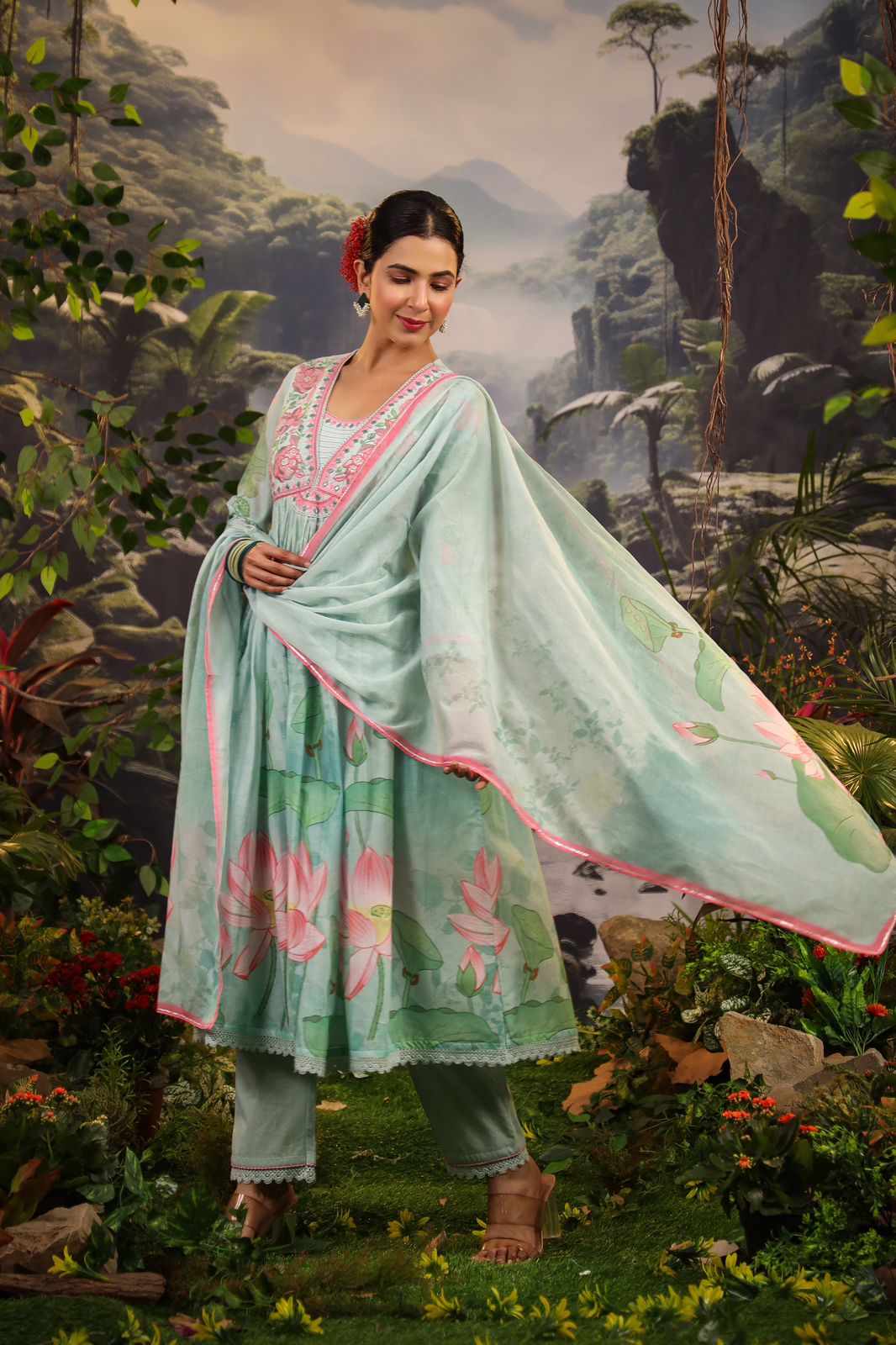 Alia Cut Floral Embroidered Kurta Set with Pant and Dupatta