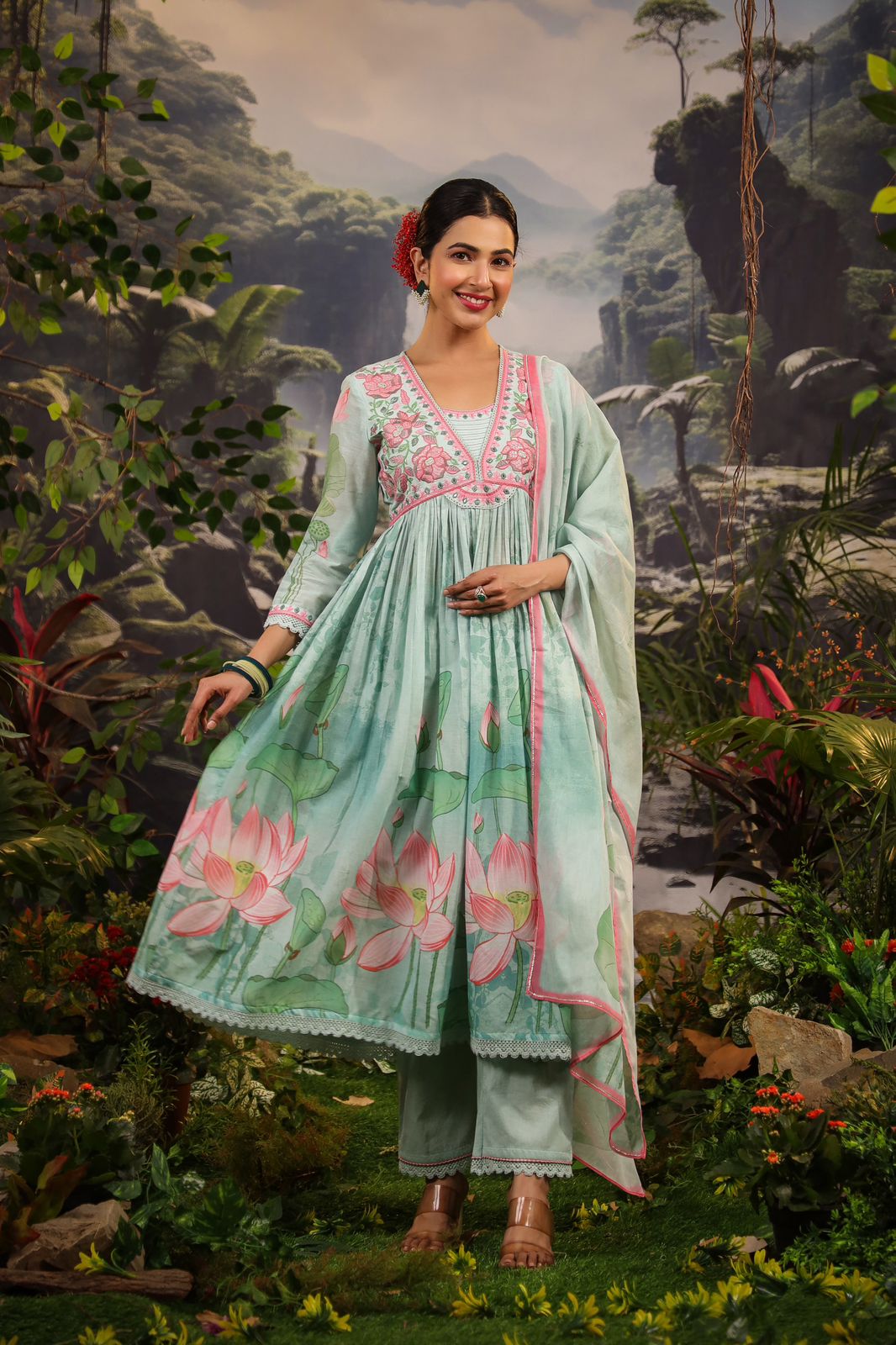 Alia Cut Floral Embroidered Kurta Set with Pant and Dupatta