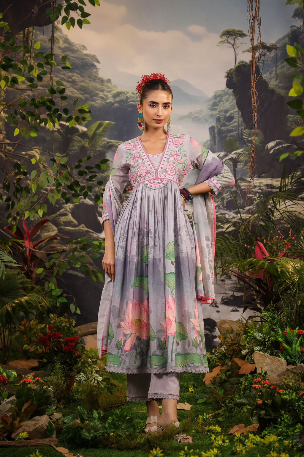 Multicolor Alia Cut kurta with floral print and embroidery, paired with pants and dupatta