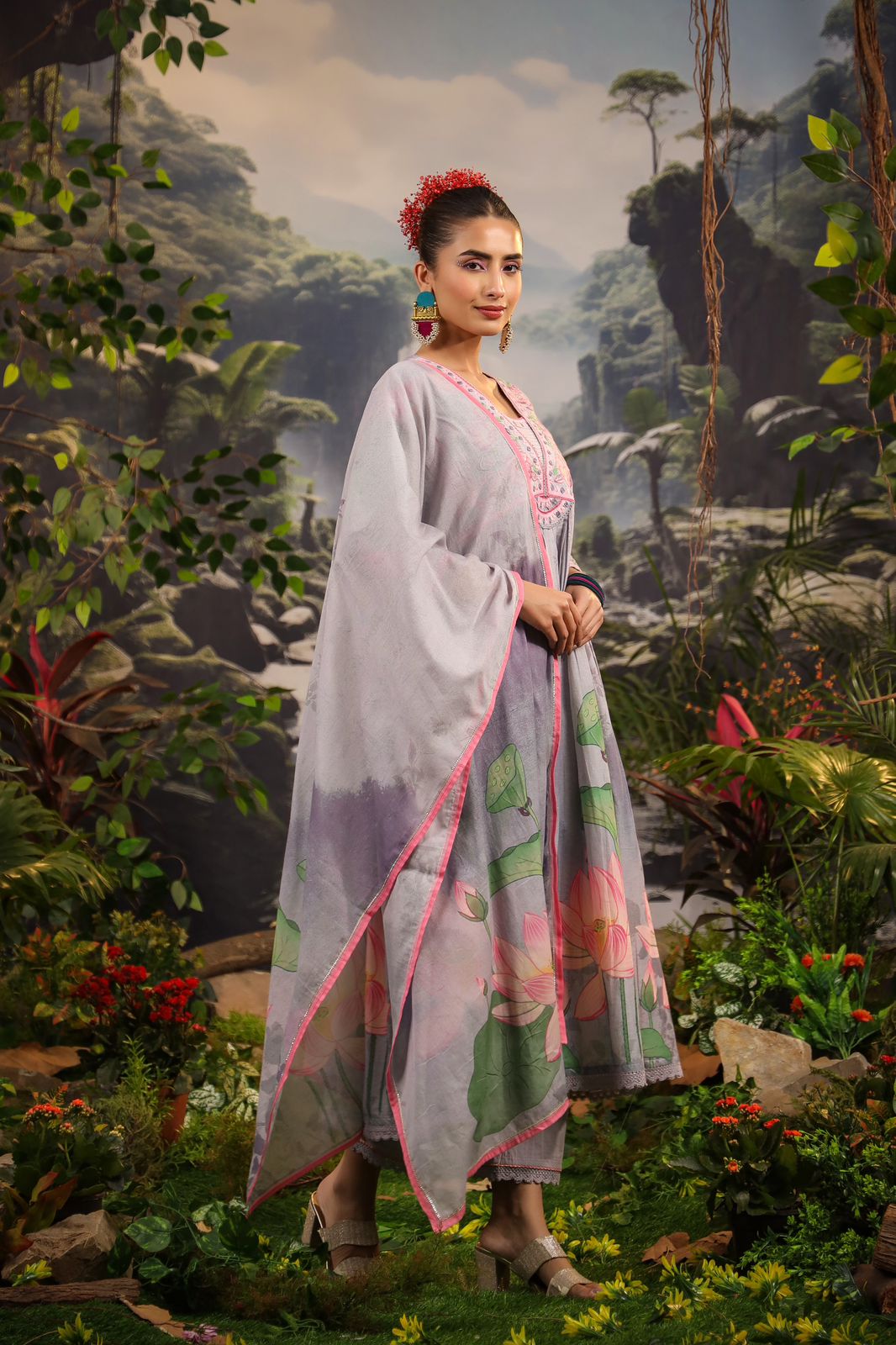 Multicolor Alia Cut Embroidered Kurta Set with Pant and Dupatta