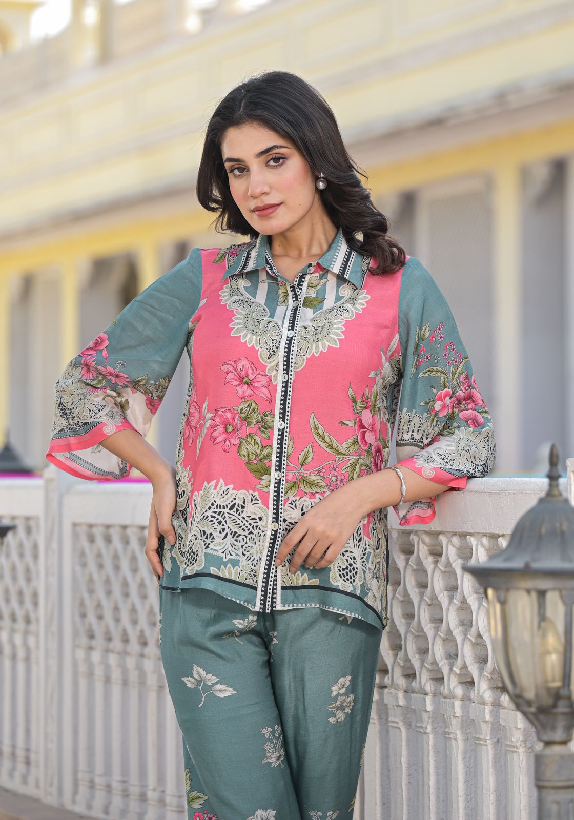 Multicolor Printed Pure Muslin Co-Ords Set with Shirt and Pant
