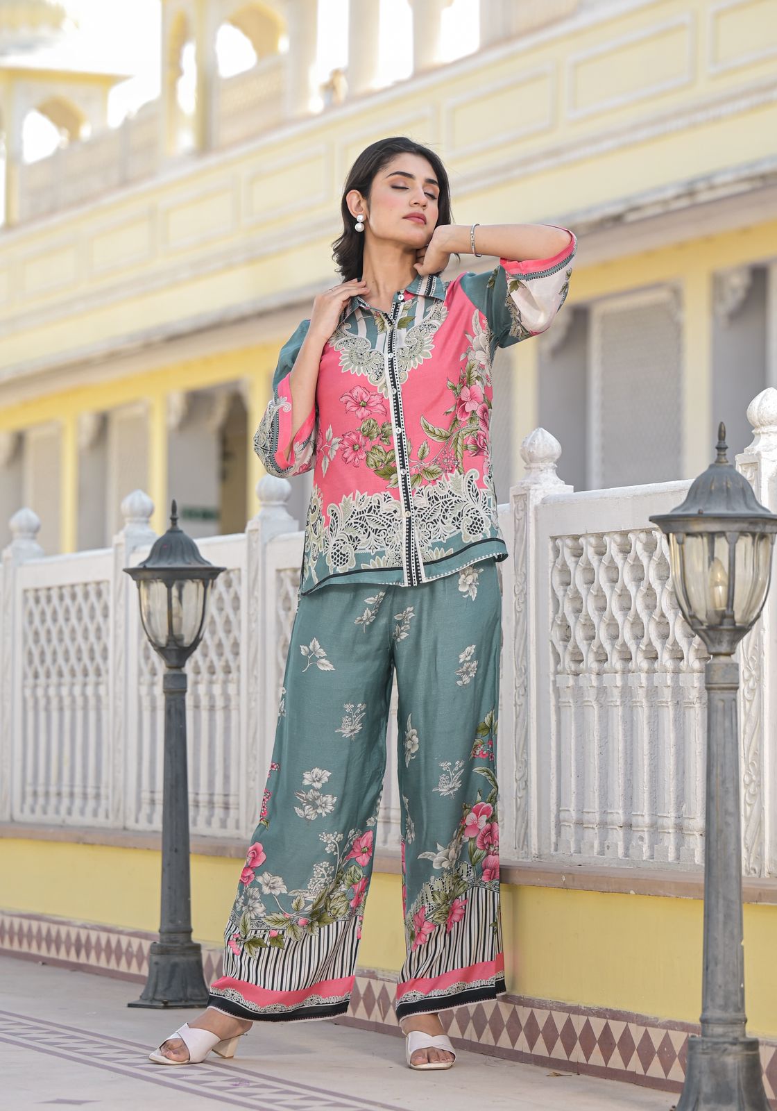Multicolor Printed Pure Muslin Co-Ords Set with Shirt and Pant