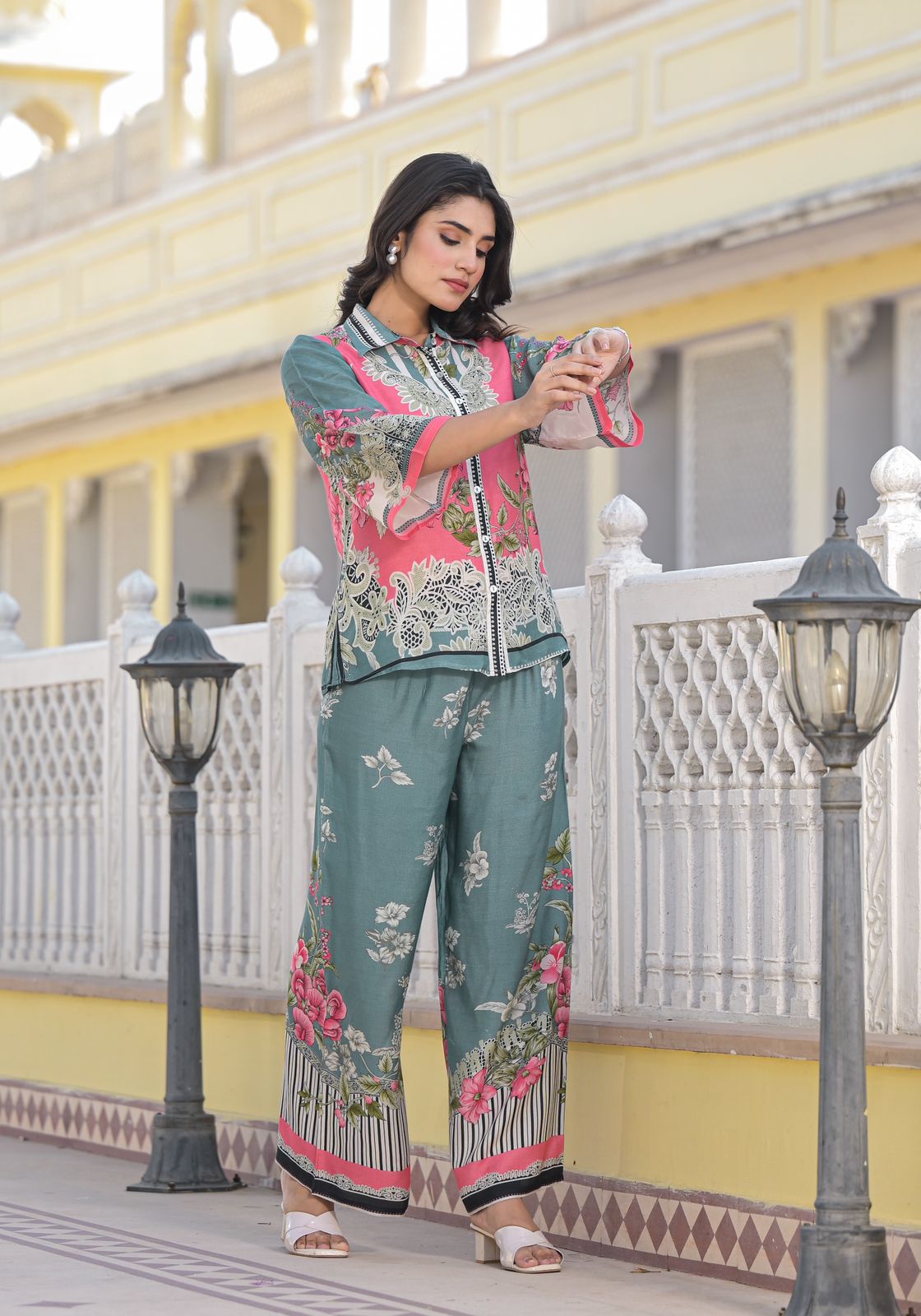 Multicolor Printed Pure Muslin Co-Ords Set with Shirt and Pant