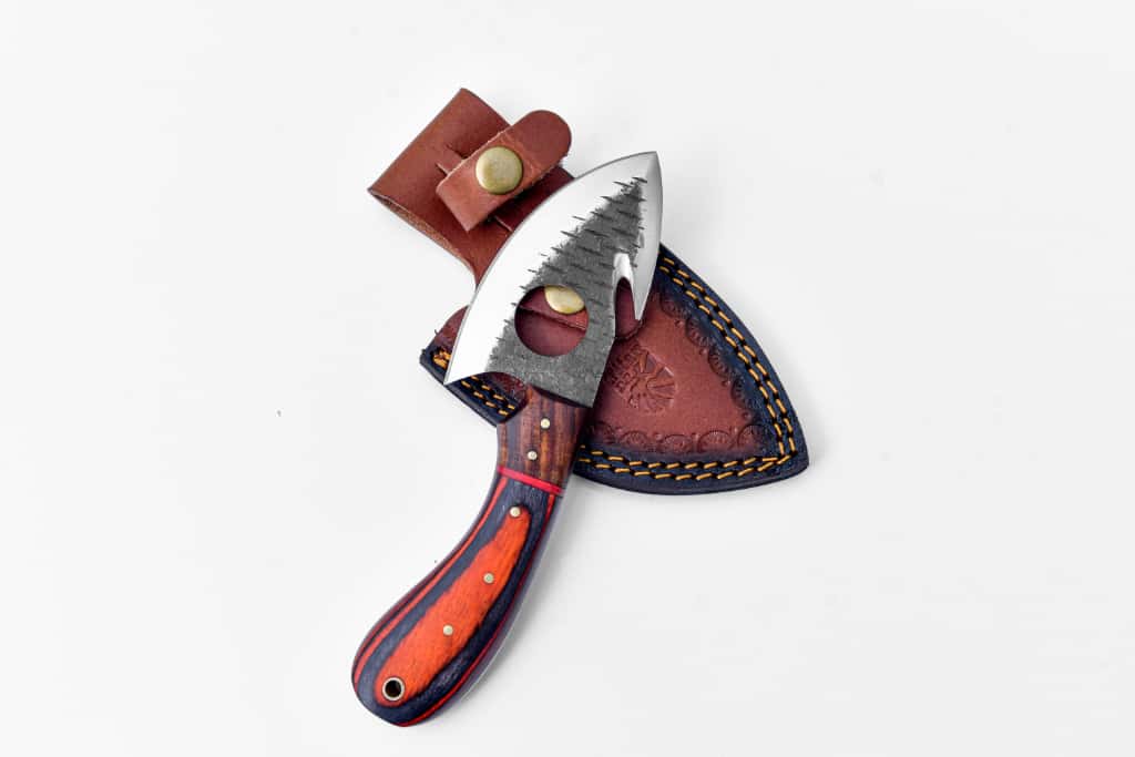 Handcrafted Gut Hook Skinner Knife with Exotic Wood Handle & Leather Sheath - TS-2