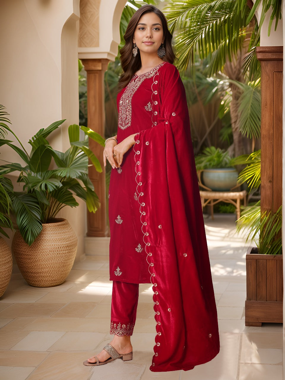 Pink Velvet Kurta Set with Sequined Embroidery and Dupatta