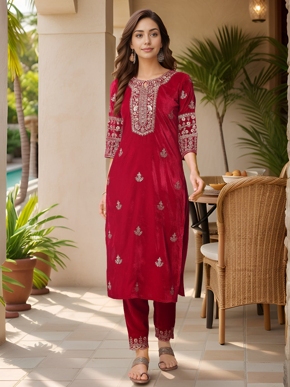 Pink Velvet Kurta Set with Sequined Embroidery and Dupatta