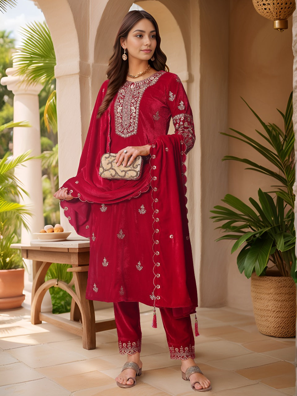 Pink Velvet Kurta Set with Sequined Embroidery and Dupatta