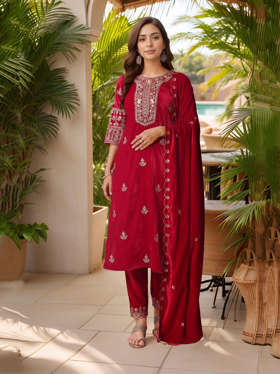 Pink velvet kurta set with intricate thread and sequin embroidery, styled with matching pants and dupatta.