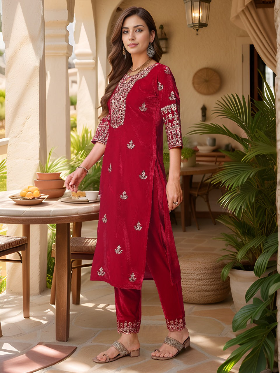 Pink Velvet Kurta Set with Sequined Embroidery and Dupatta