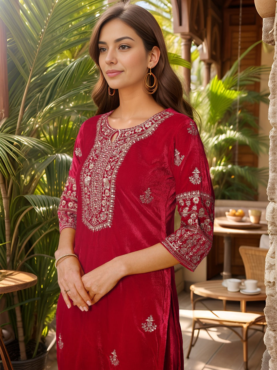 Pink Velvet Kurta Set with Sequined Embroidery and Dupatta