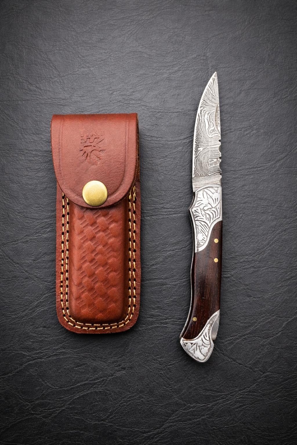 Titan Ironcrest Damascus Folding Knife with Leather Sheath