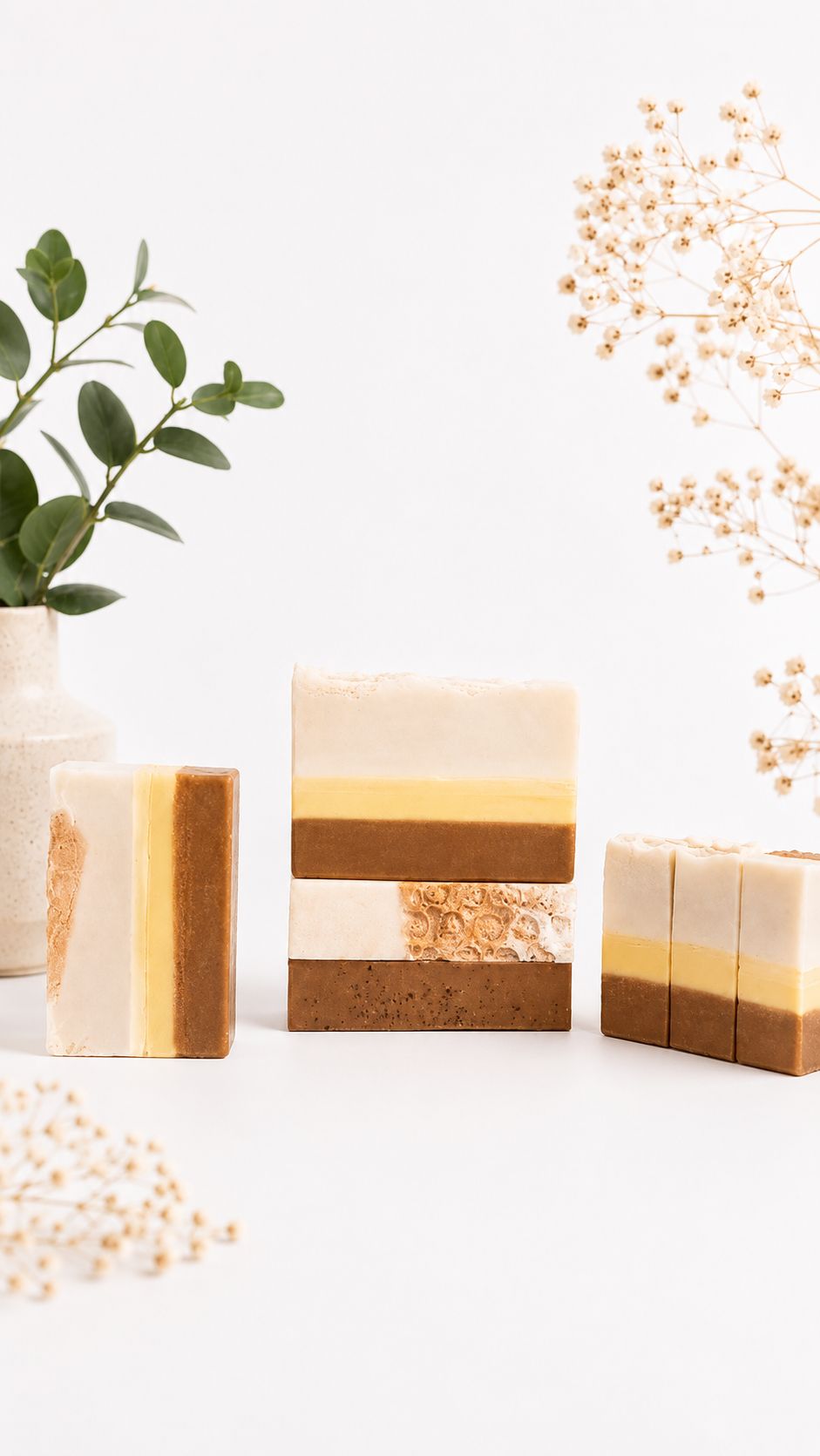 A beige and honey-yellow artisan soap bar with oatmeal flakes and goat milk, displayed in a minimalist natural setting.