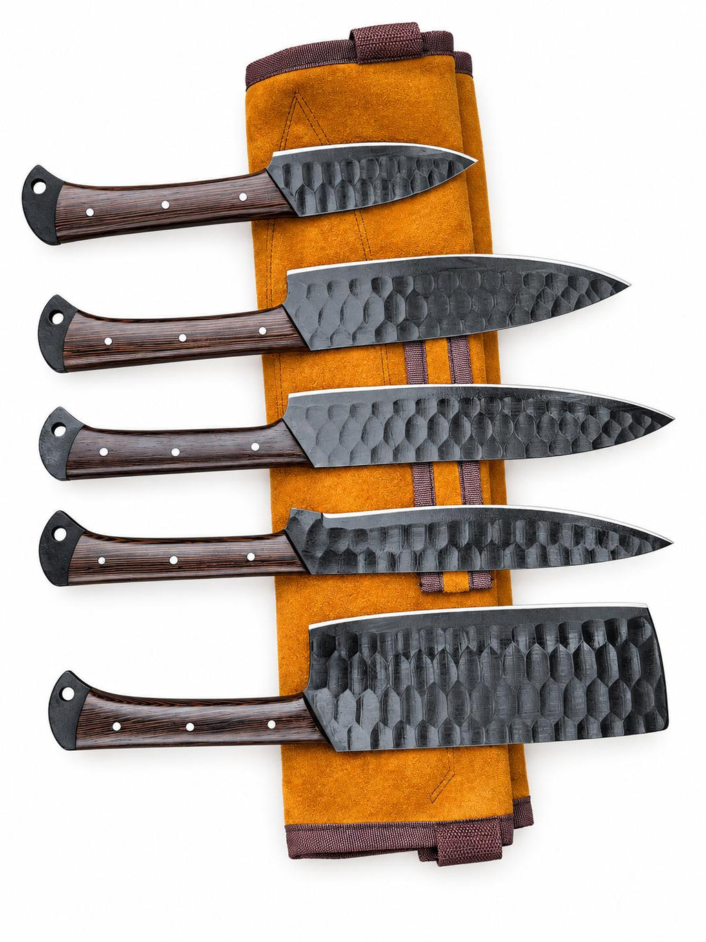 Titan "Blackened Forge" 5-Piece High Carbon Steel Chef Knife Set | Hammered Dragon Scale Finish, Wenga wood Handles | Leather Roll Case CK-004