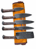 Titan "Blackened Forge" 5-Piece High Carbon Steel Chef Knife Set | Hammered Dragon Scale Finish, Wenga wood Handles | Leather Roll Case CK-004