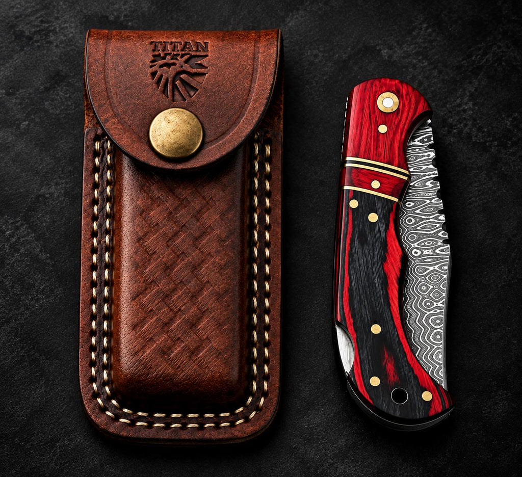 Crimson Ember Damascus Folding Knife with Leather Sheath TKT-22