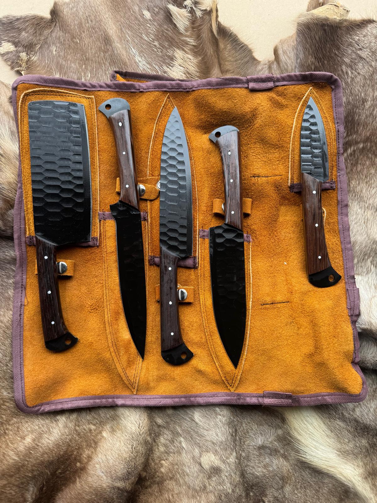 Titan "Blackened Forge" 5-Piece High Carbon Steel Chef Knife Set | Hammered Dragon Scale Finish, Wenga wood Handles | Leather Roll Case CK-004
