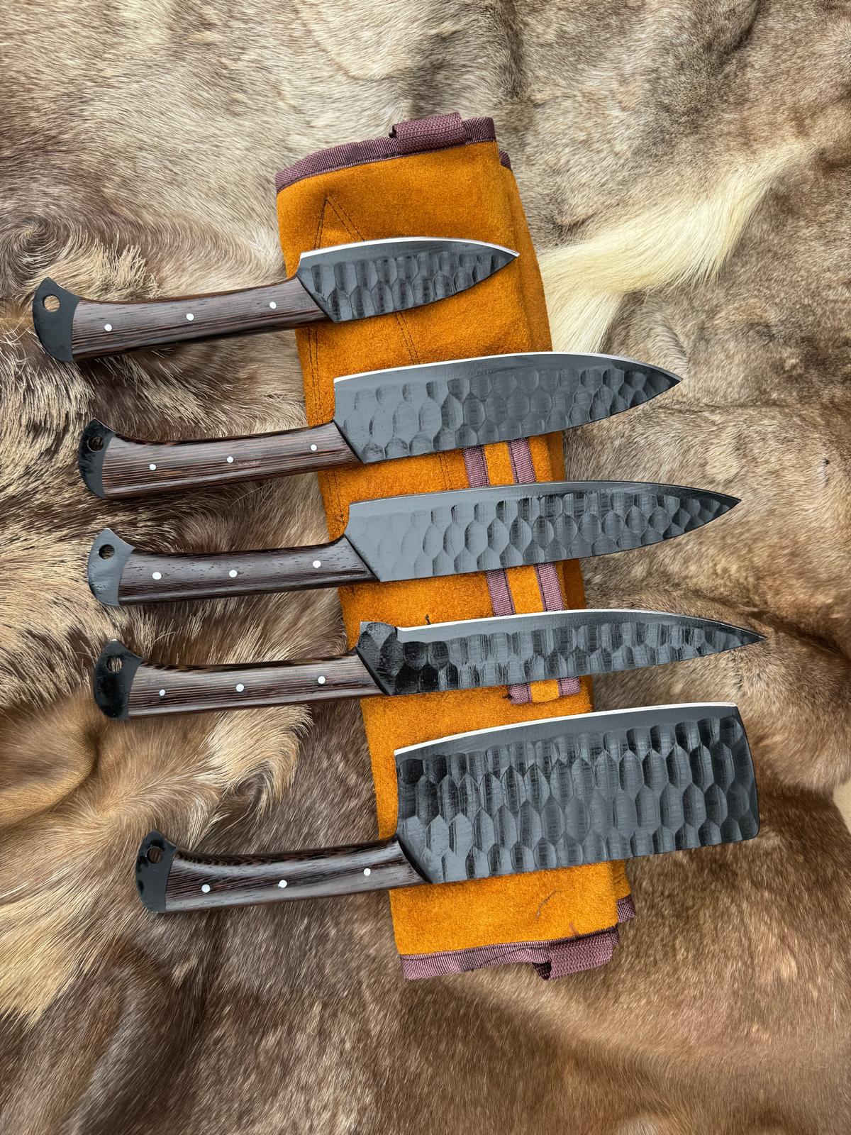 Titan "Blackened Forge" 5-Piece High Carbon Steel Chef Knife Set | Hammered Dragon Scale Finish, Wenga wood Handles | Leather Roll Case CK-004