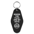 Retro black and white Where the F--k Are My Keys keychain, 3.5 inches long