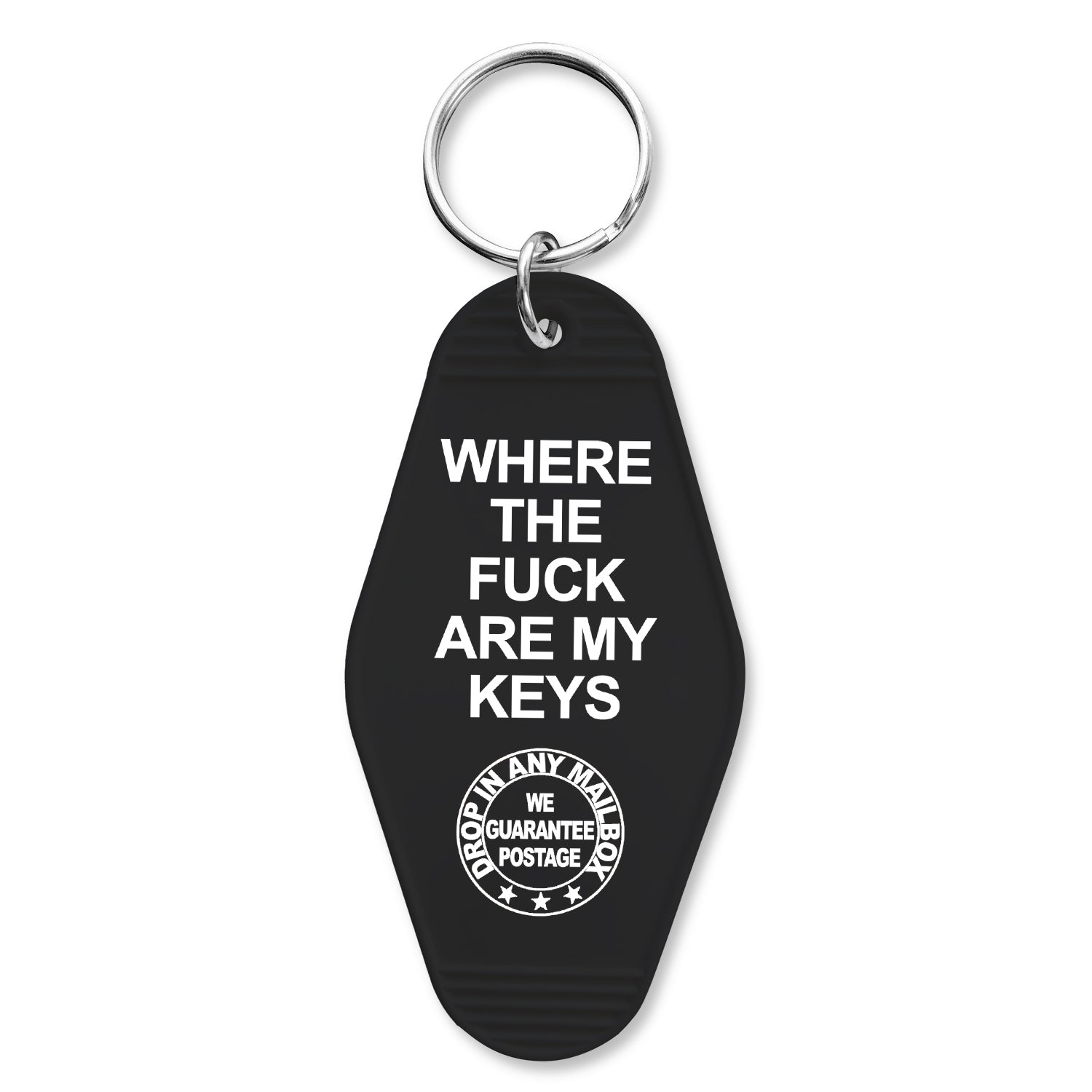 Retro black and white Where the F--k Are My Keys keychain, 3.5 inches long