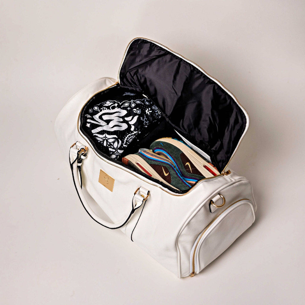 White Leather Weekender Duffle Bag with Dual Shoe Compartments