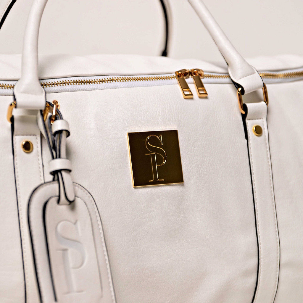White Leather Weekender Duffle Bag with Dual Shoe Compartments