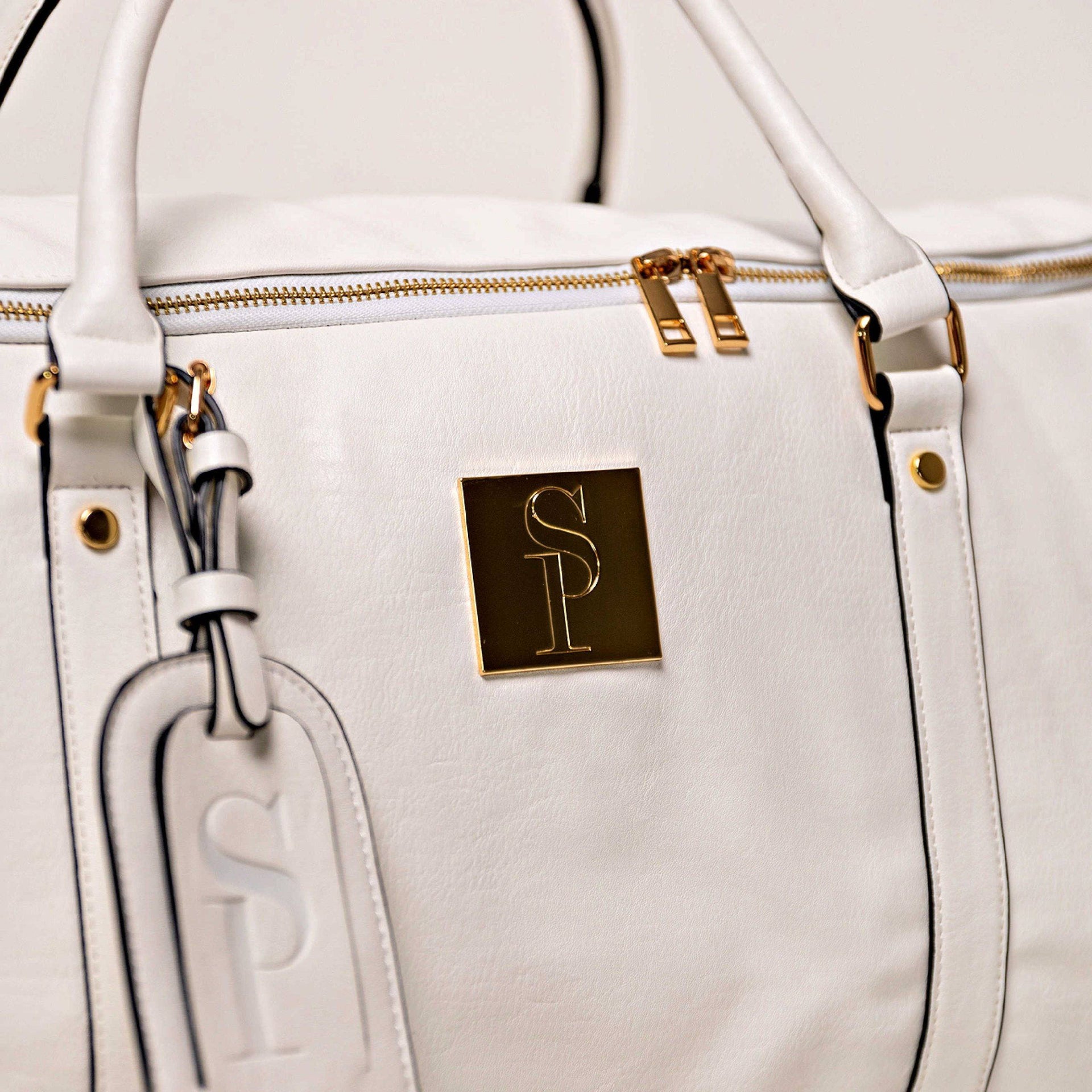 White Leather Weekender Duffle Bag with Dual Shoe Compartments
