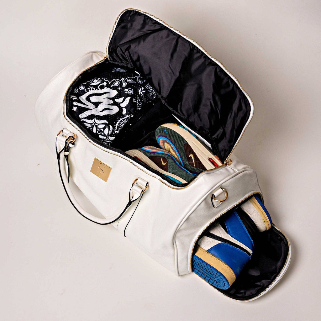 White Leather Weekender Duffle Bag with Dual Shoe Compartments