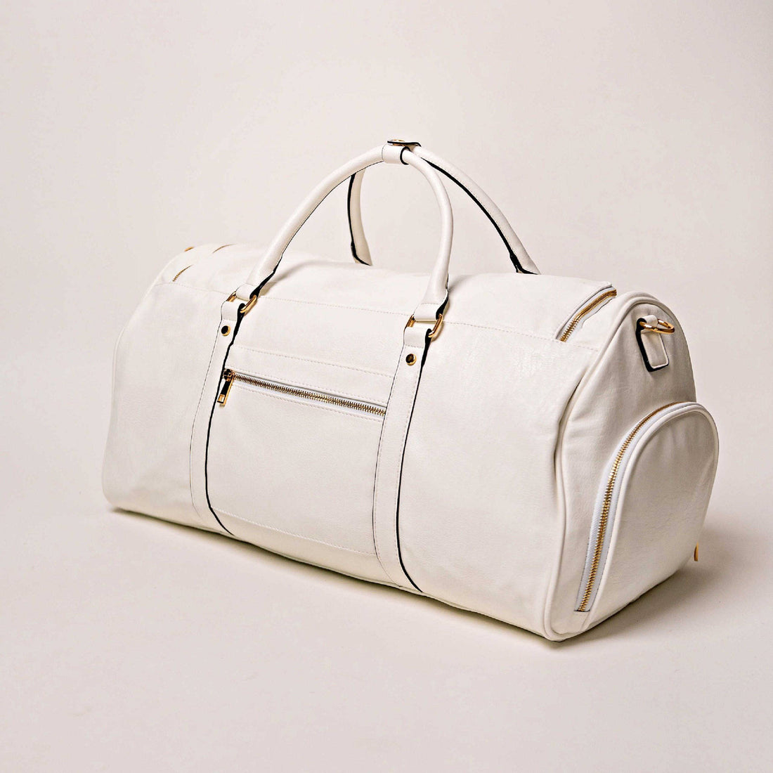 White Leather Weekender Duffle Bag with Dual Shoe Compartments