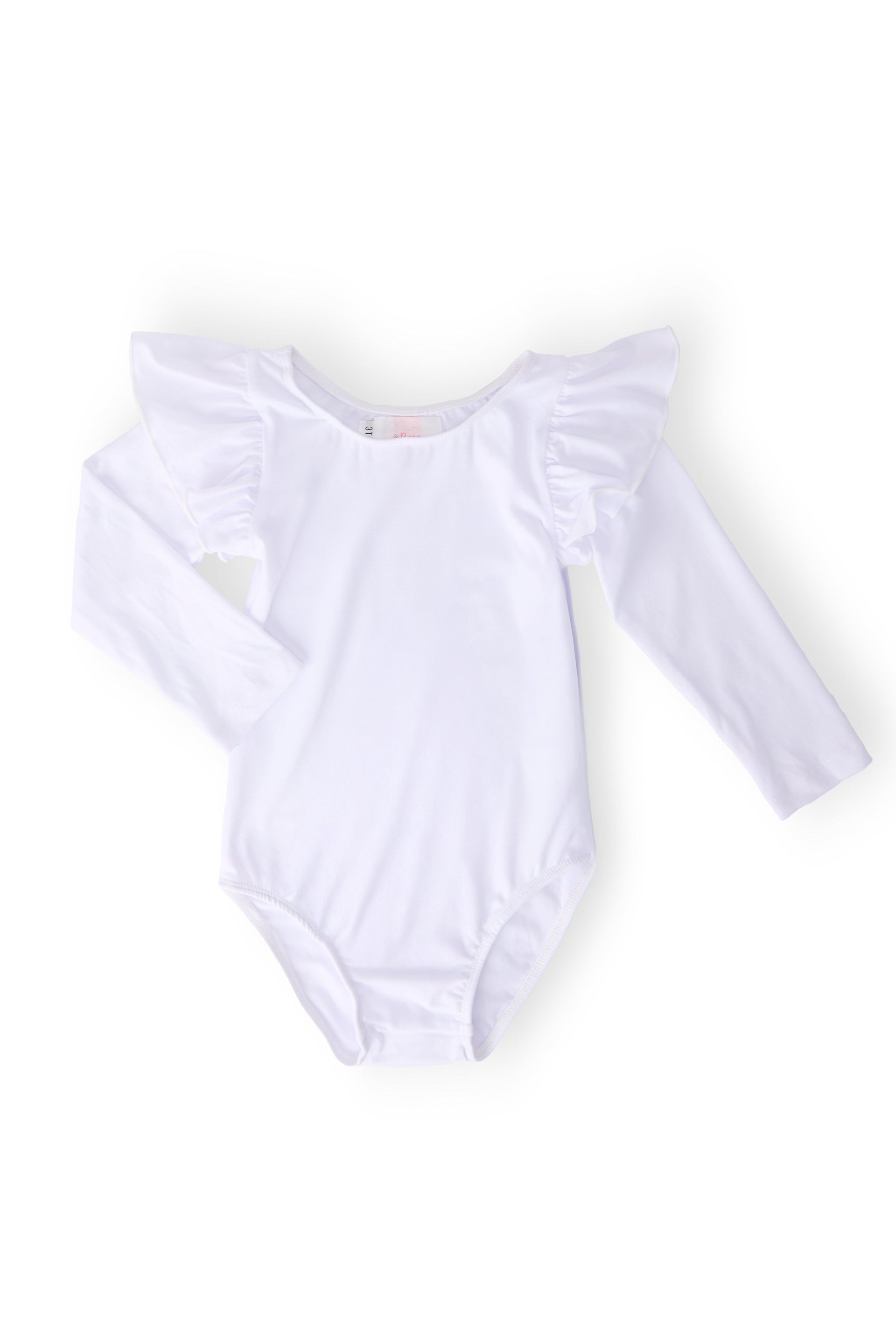 A white long sleeve leotard with flutter sleeve details laid flat on a white background.