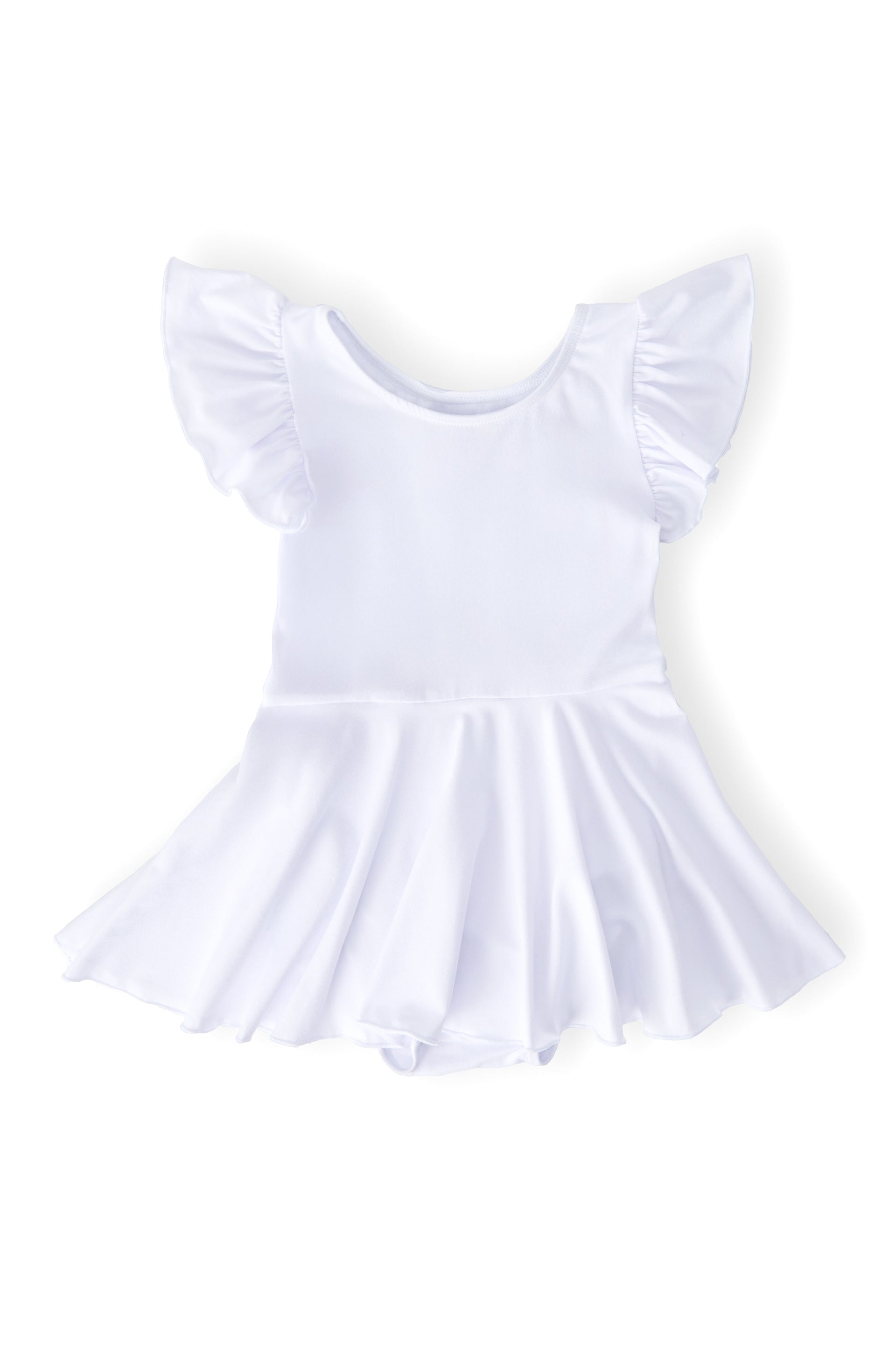 Young girl wearing a white short-sleeve flutter leotard with a skirted bottom