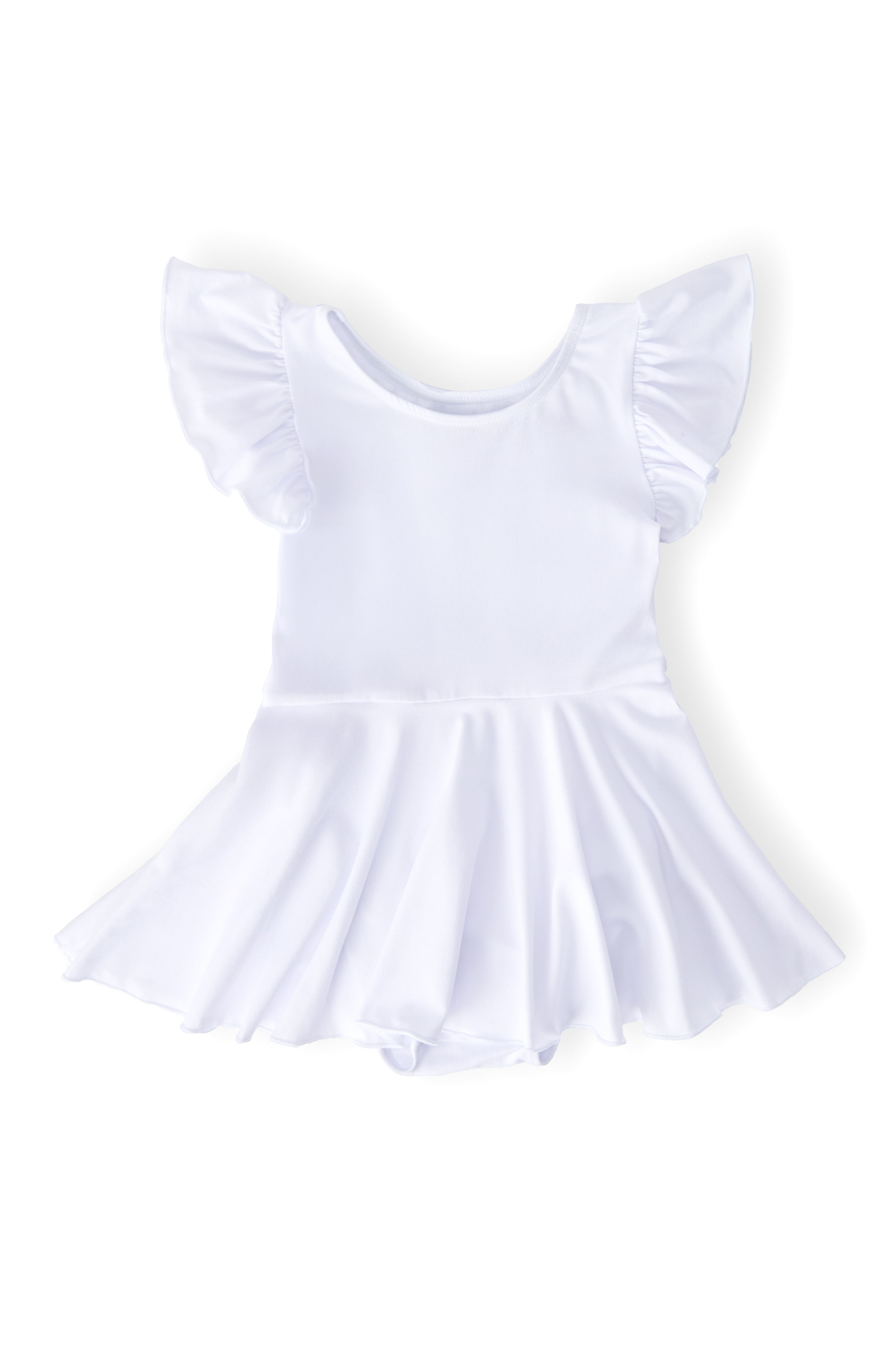 Young girl wearing a white short-sleeve flutter leotard with a skirted bottom