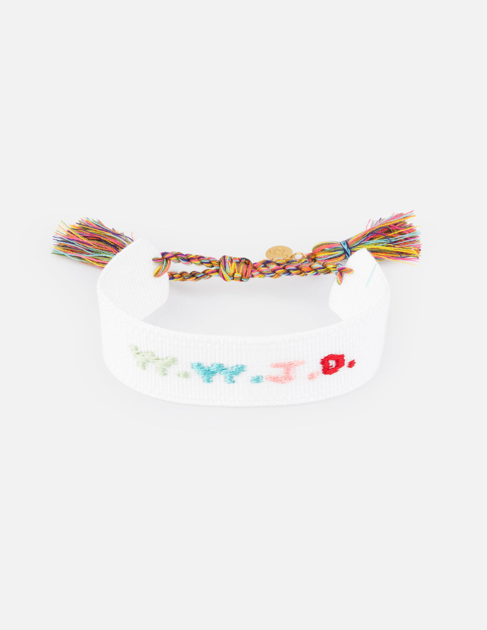 White woven fabric bracelet with What Would Jesus Do embroidered text.
