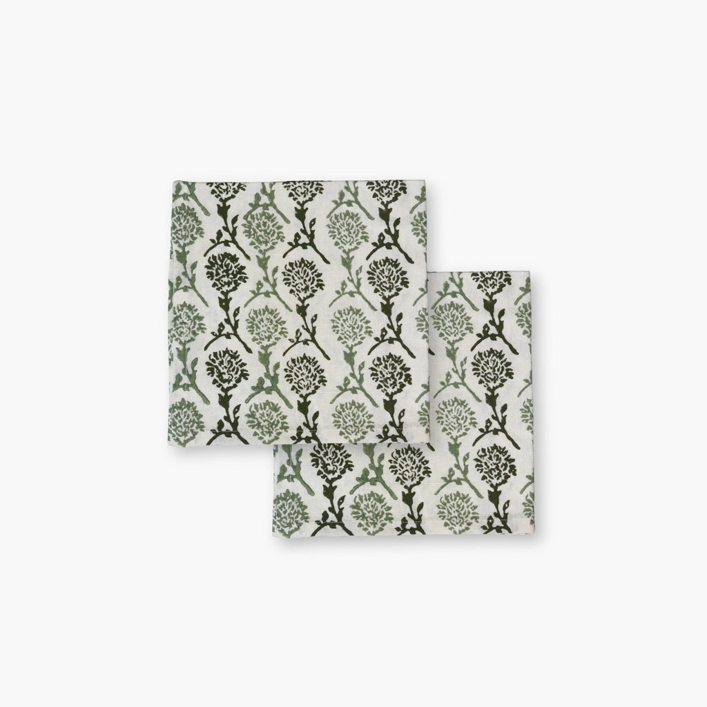 Set of two Nikhar Sage Green linen napkins featuring a chrysanthemum floral and stripe block-print design.