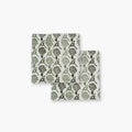 Set of two Nikhar Sage Green linen napkins featuring a chrysanthemum floral and stripe block-print design.