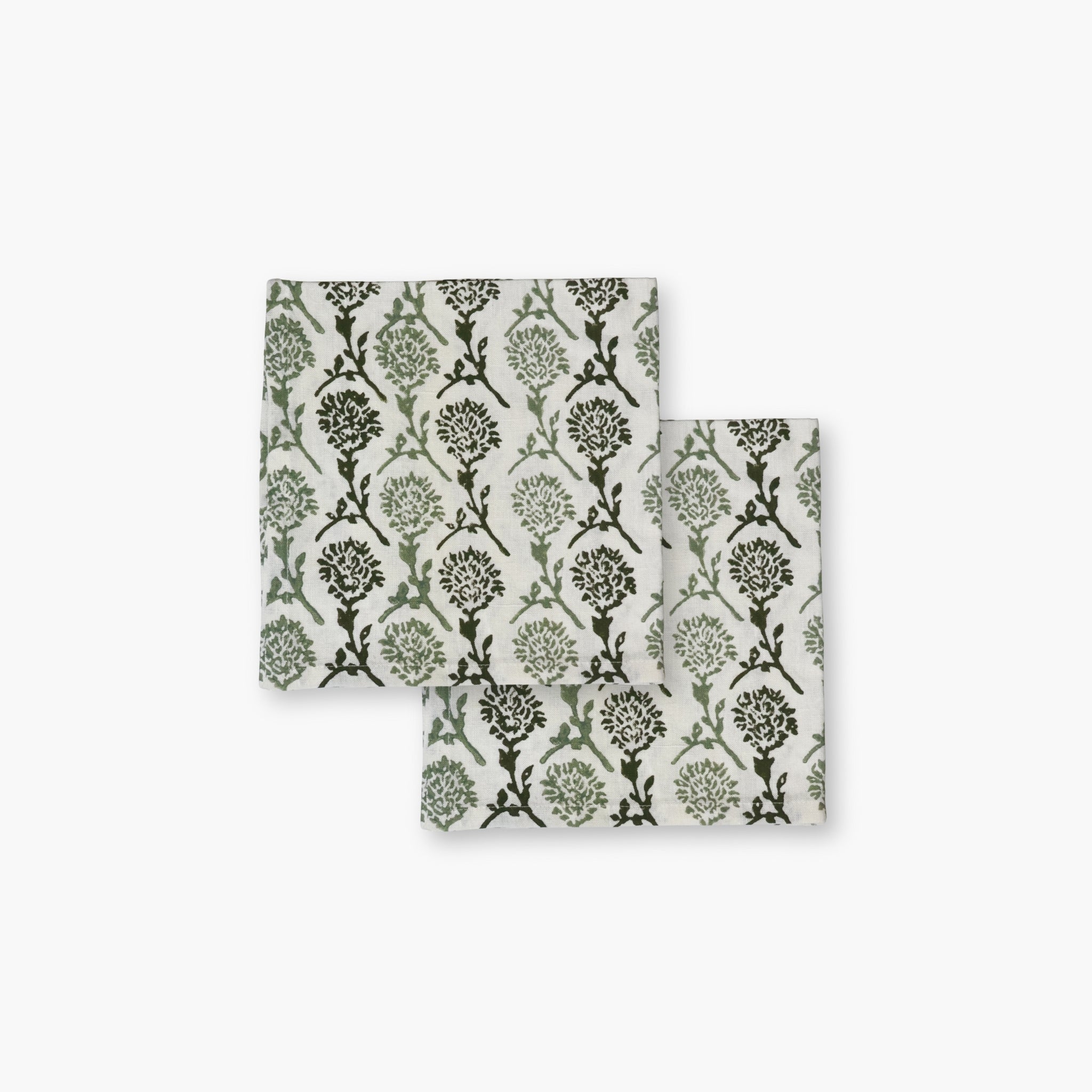 Set of two Nikhar Sage Green linen napkins featuring a chrysanthemum floral and stripe block-print design.