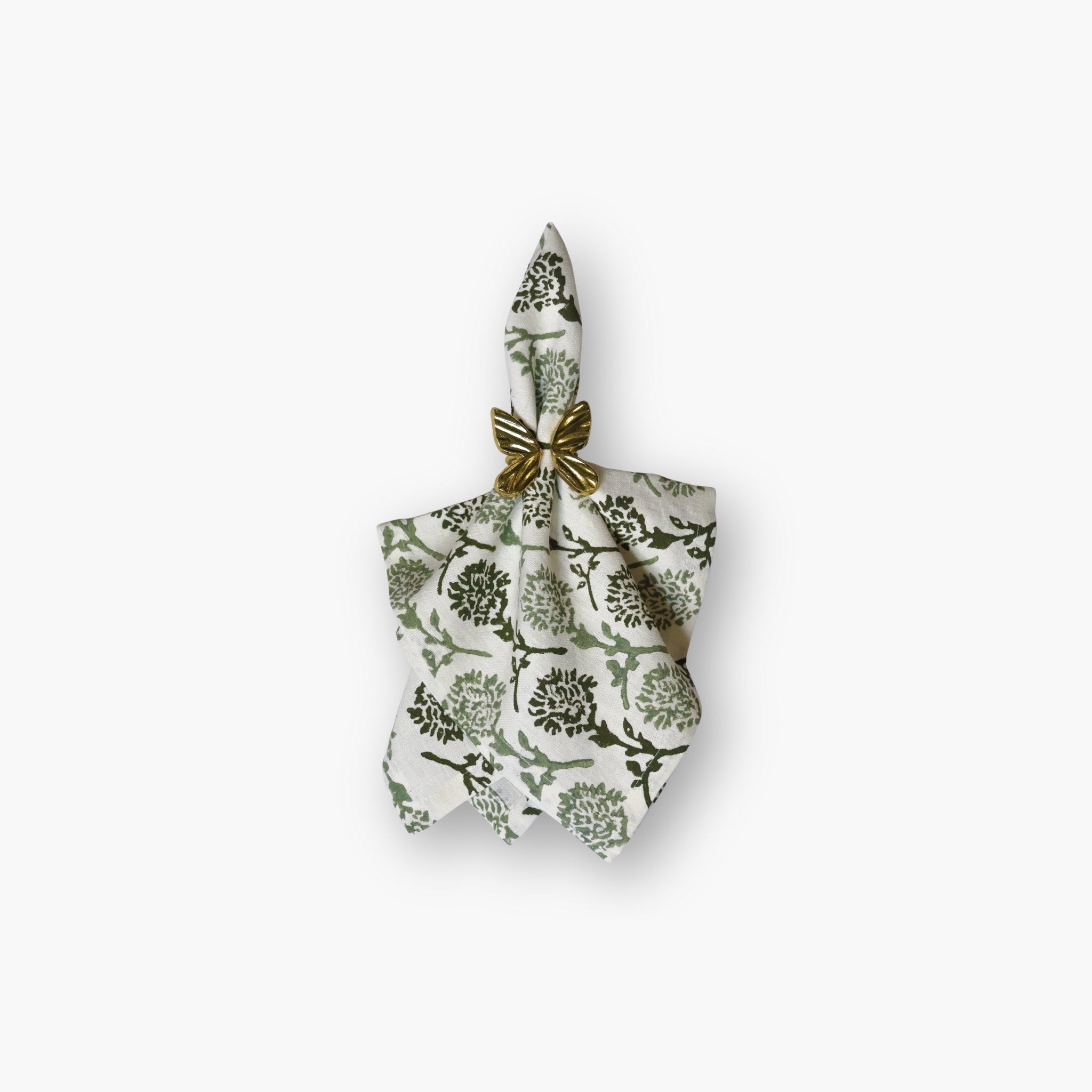 Nikhar Sage Green Linen Table Napkins, Striped Floral Set of 2