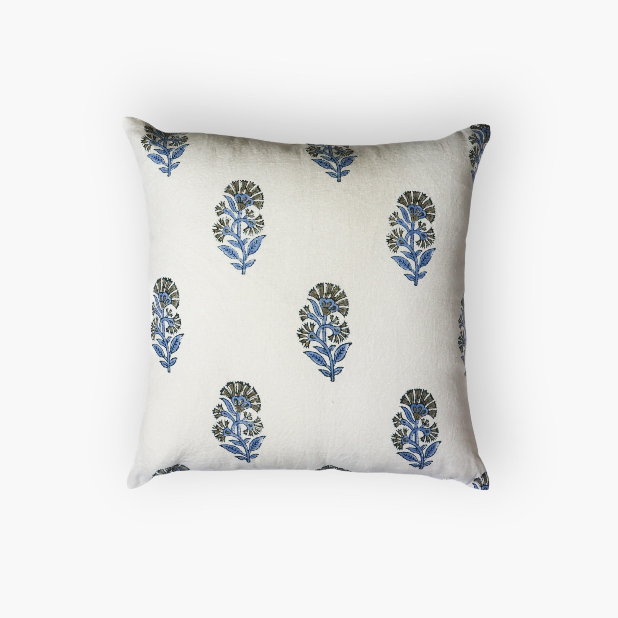 Begum Throw Pillow Cover in Cornflour Blue with detailed Royal Mughal floral hand-block printed patterns.