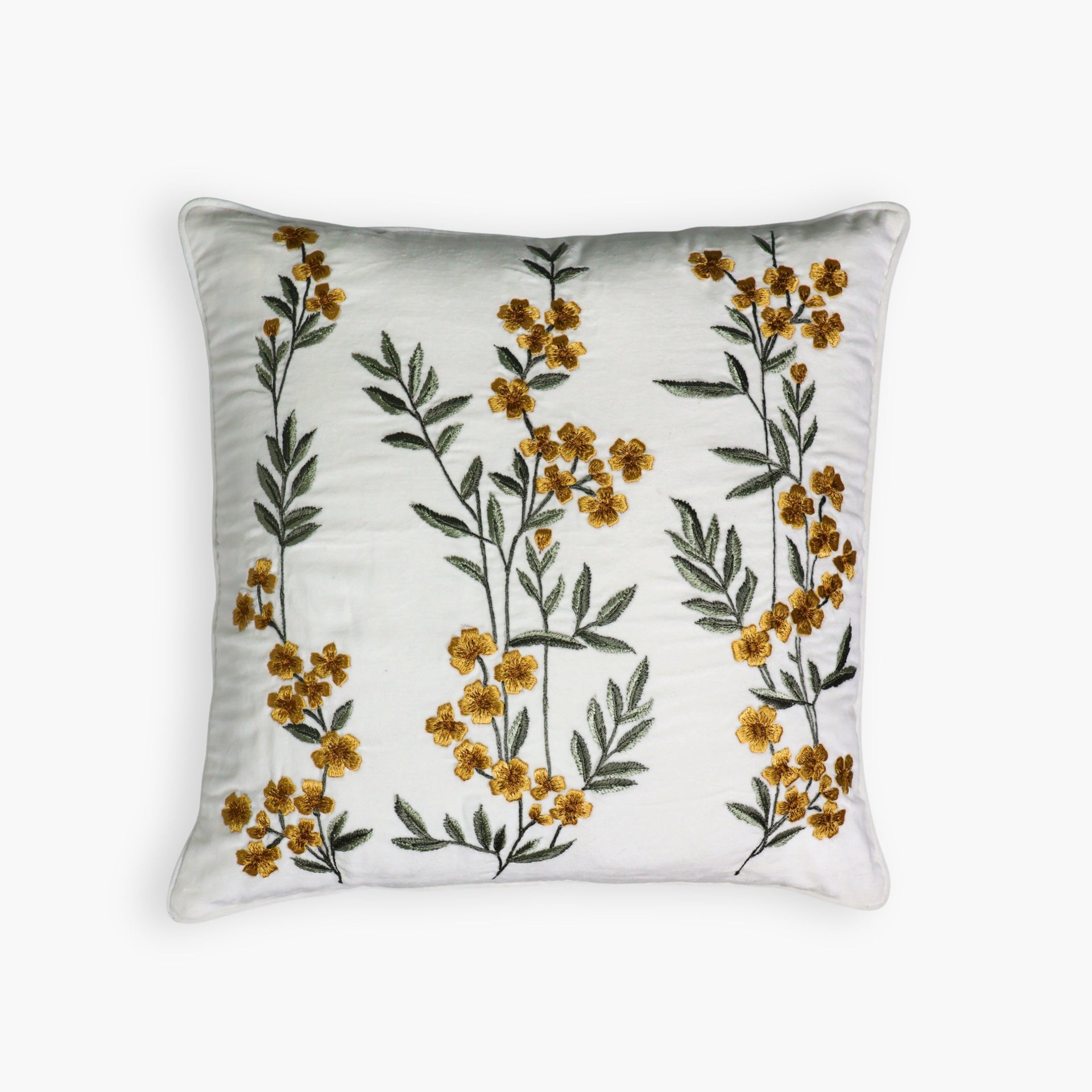 Ziva throw pillow cover in cotton velvet with intricate yellow floral embroidery.