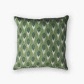 Close-up of the Bahaar Throw Pillow Cover in Oil Green featuring ink blue and ivory hand-block printed larkspur flower motifs.