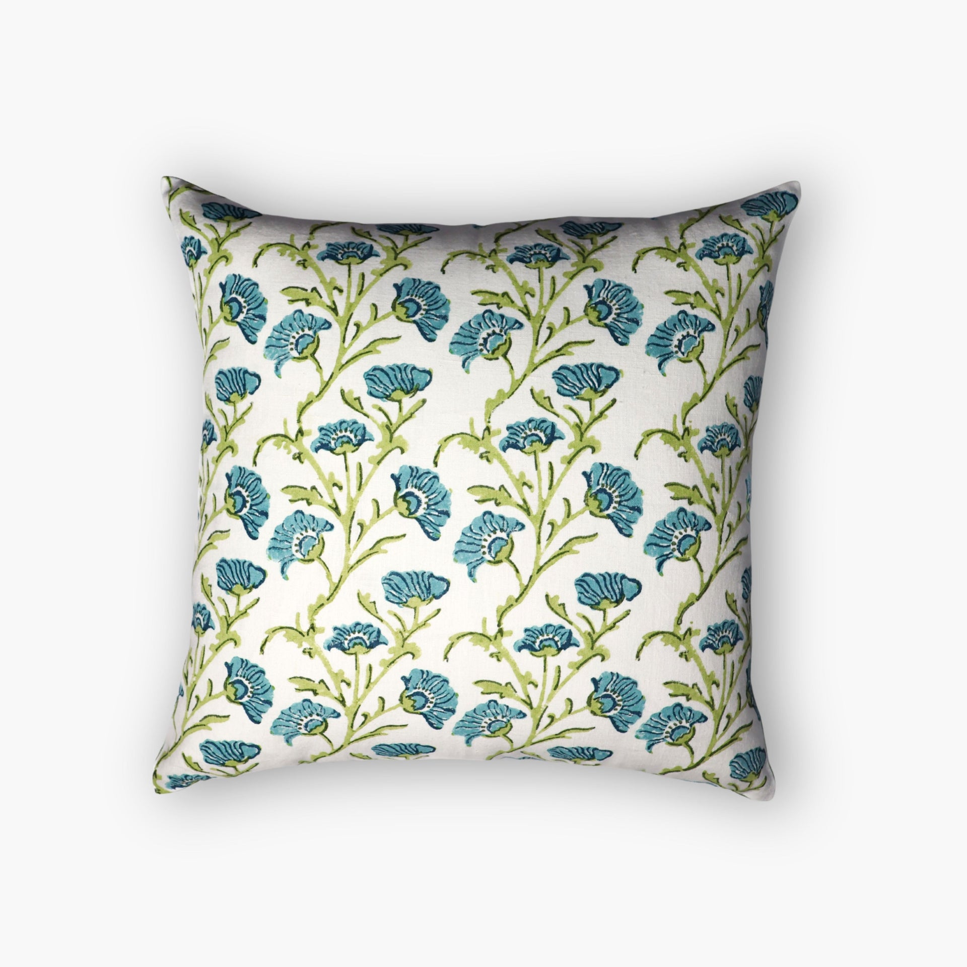 Bella throw pillow cover in olive green and blue with hand-block printed gulmohar vine and floral motif