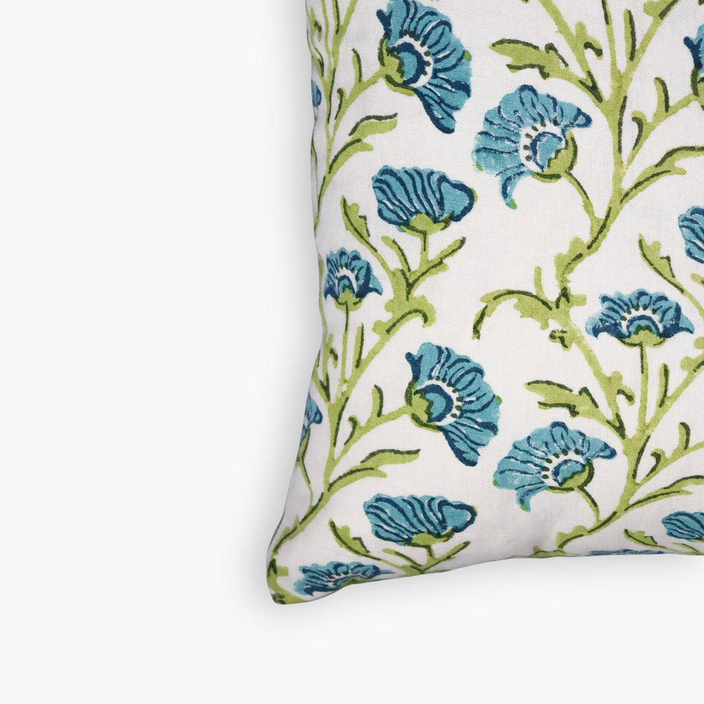 Bella Floral Linen Throw Pillow Cover in Olive Green & Blue