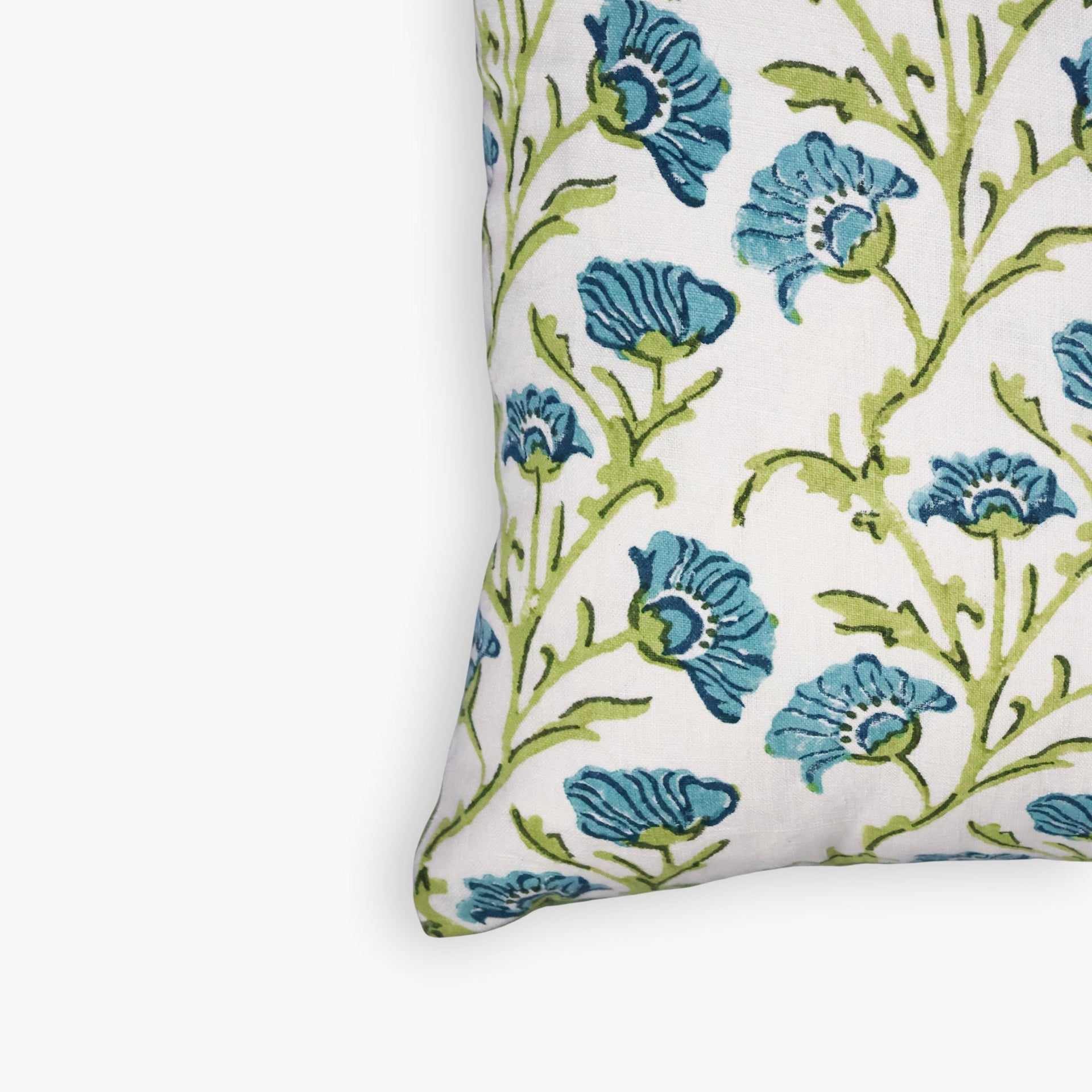 Bella Floral Linen Throw Pillow Cover in Olive Green & Blue